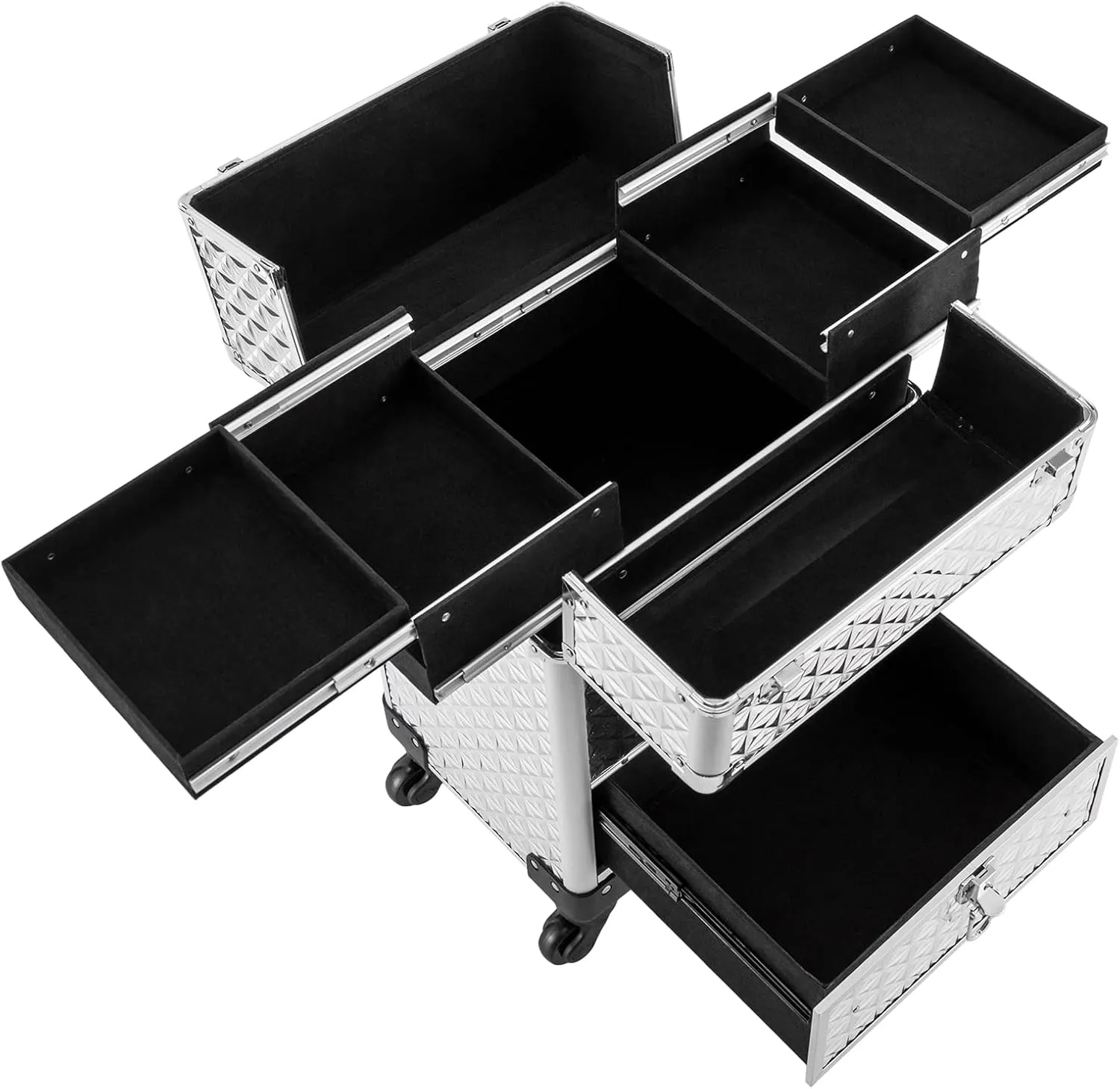 Professional Rolling Makeup Case, Polish Organizer Professional Makeup Trolley Aluminum Trolley Train Case Cosmetic Organizer with Sliding Drawers,360° Rotatable Wheels (Silver)