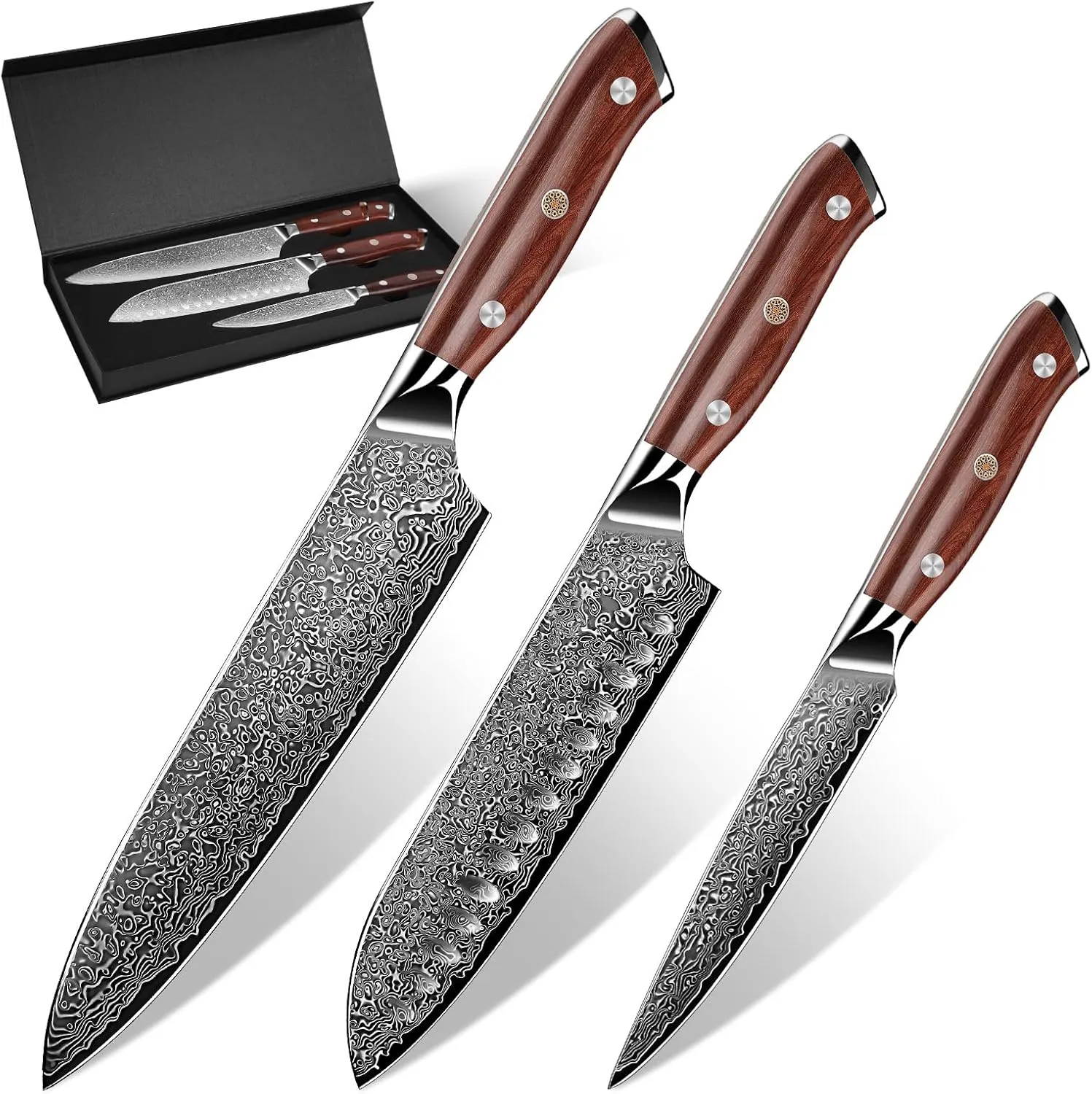 Purple Dragon Damascus Chef Knife Set, 3Pcs Kitchen Knives Set, VG10 Steel Japanese Chef Knife 8 Inch Santoku Knife 7 Inch Paring Knife 5 Inch, Razor-Sharp Knives with Gift Box