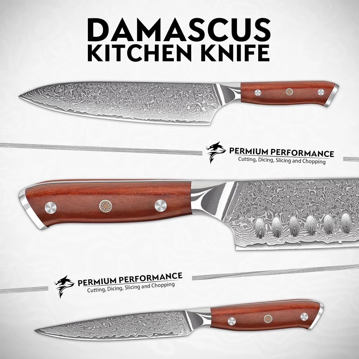 Purple Dragon Damascus Chef Knife Set, 3Pcs Kitchen Knives Set, VG10 Steel Japanese Chef Knife 8 Inch Santoku Knife 7 Inch Paring Knife 5 Inch, Razor-Sharp Knives with Gift Box
