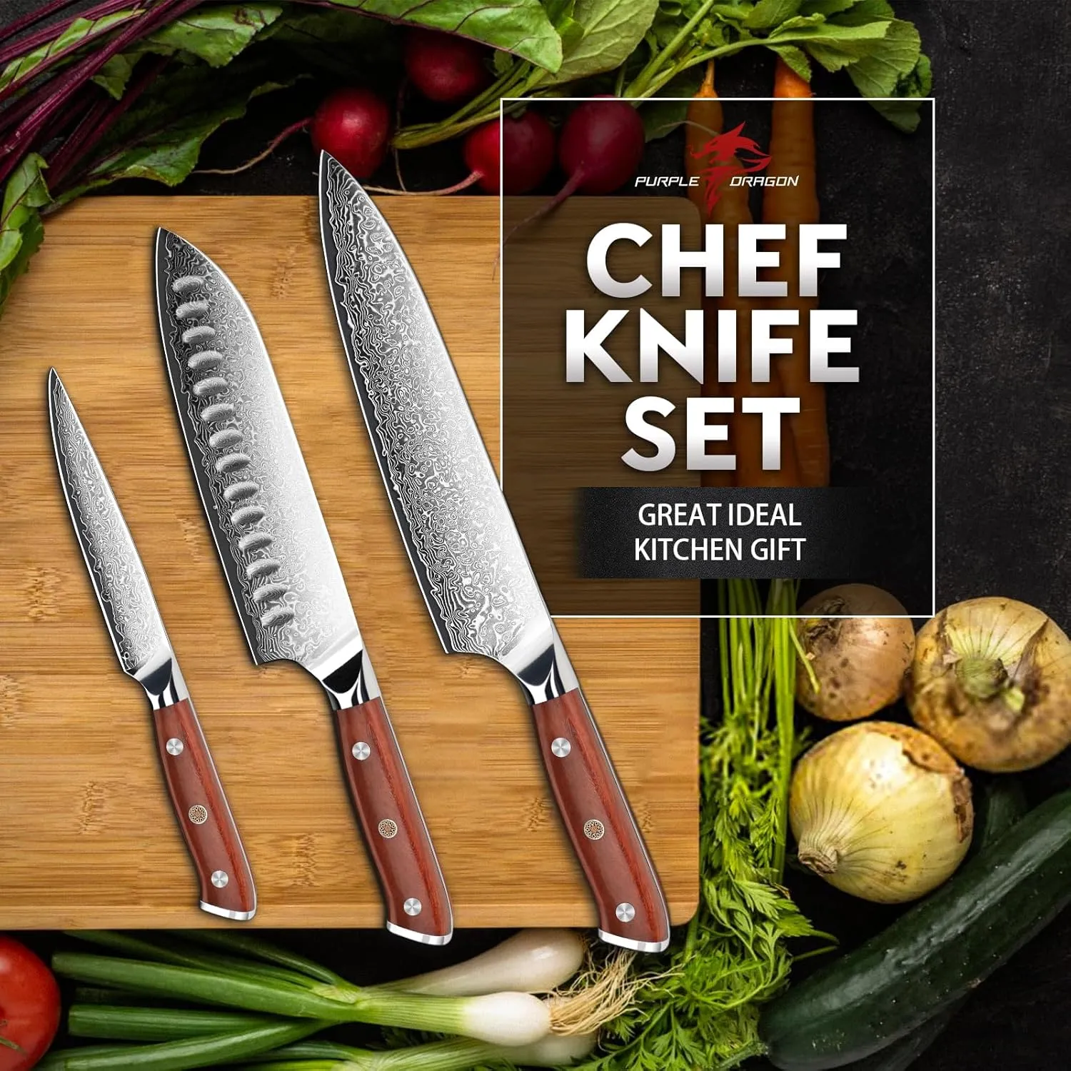 Purple Dragon Damascus Chef Knife Set, 3Pcs Kitchen Knives Set, VG10 Steel Japanese Chef Knife 8 Inch Santoku Knife 7 Inch Paring Knife 5 Inch, Razor-Sharp Knives with Gift Box
