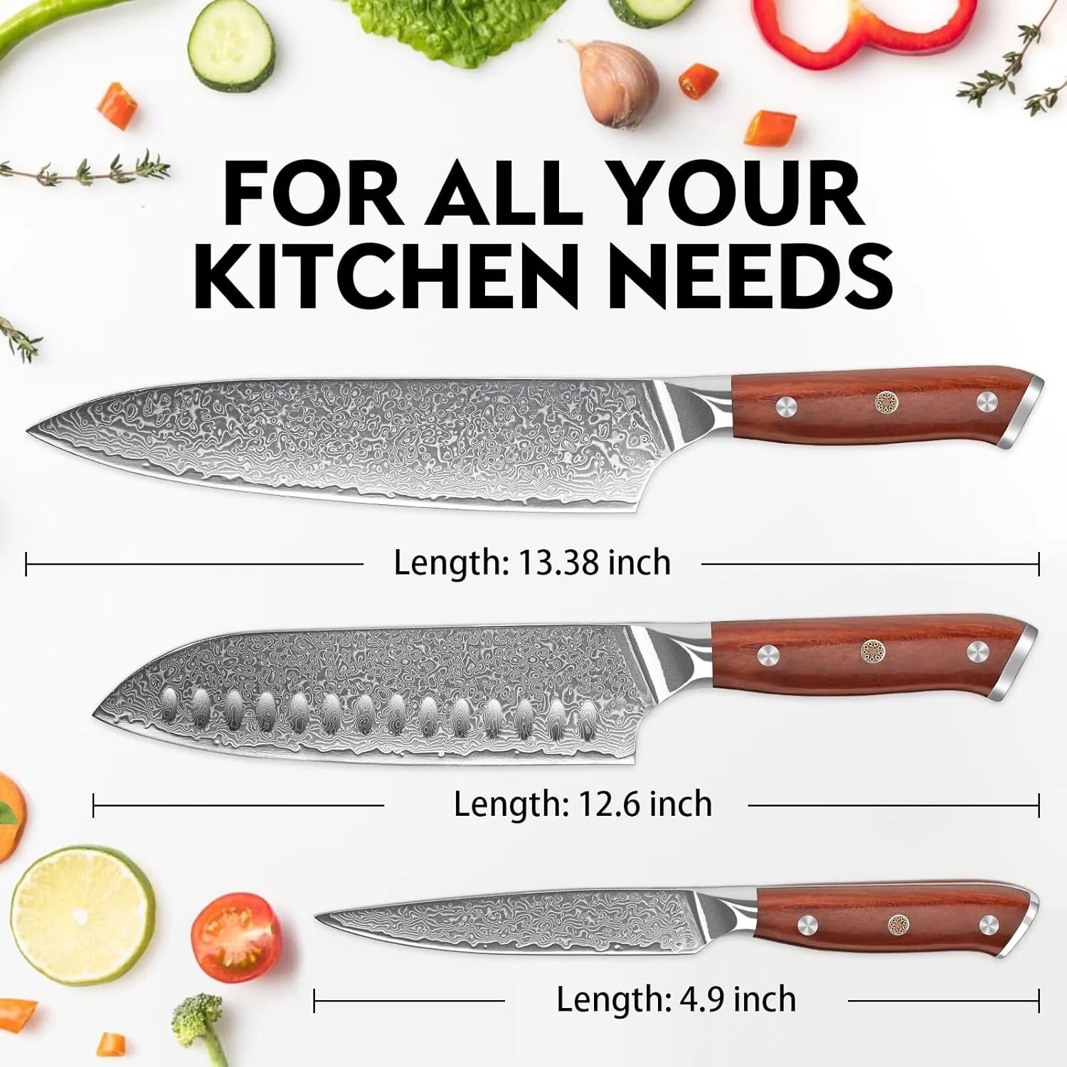 Purple Dragon Damascus Chef Knife Set, 3Pcs Kitchen Knives Set, VG10 Steel Japanese Chef Knife 8 Inch Santoku Knife 7 Inch Paring Knife 5 Inch, Razor-Sharp Knives with Gift Box