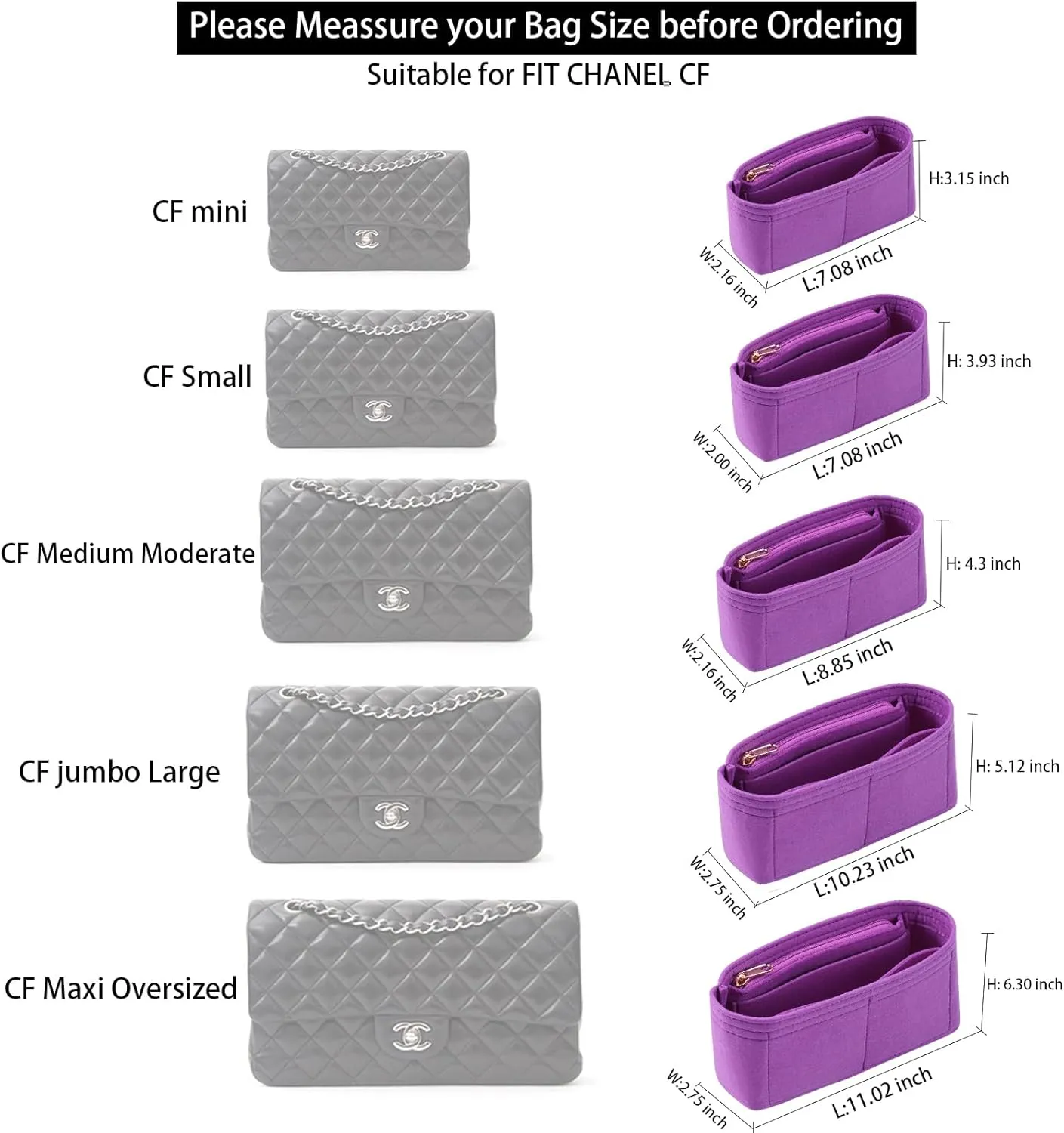 Purse Organizer Insert for Chanel Classic Flap Large Bag Organizer Insert Handbag (Violet, Large)