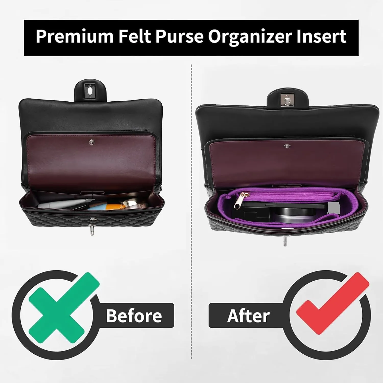 Purse Organizer Insert for Chanel Classic Flap Large Bag Organizer Insert Handbag (Violet, Large)