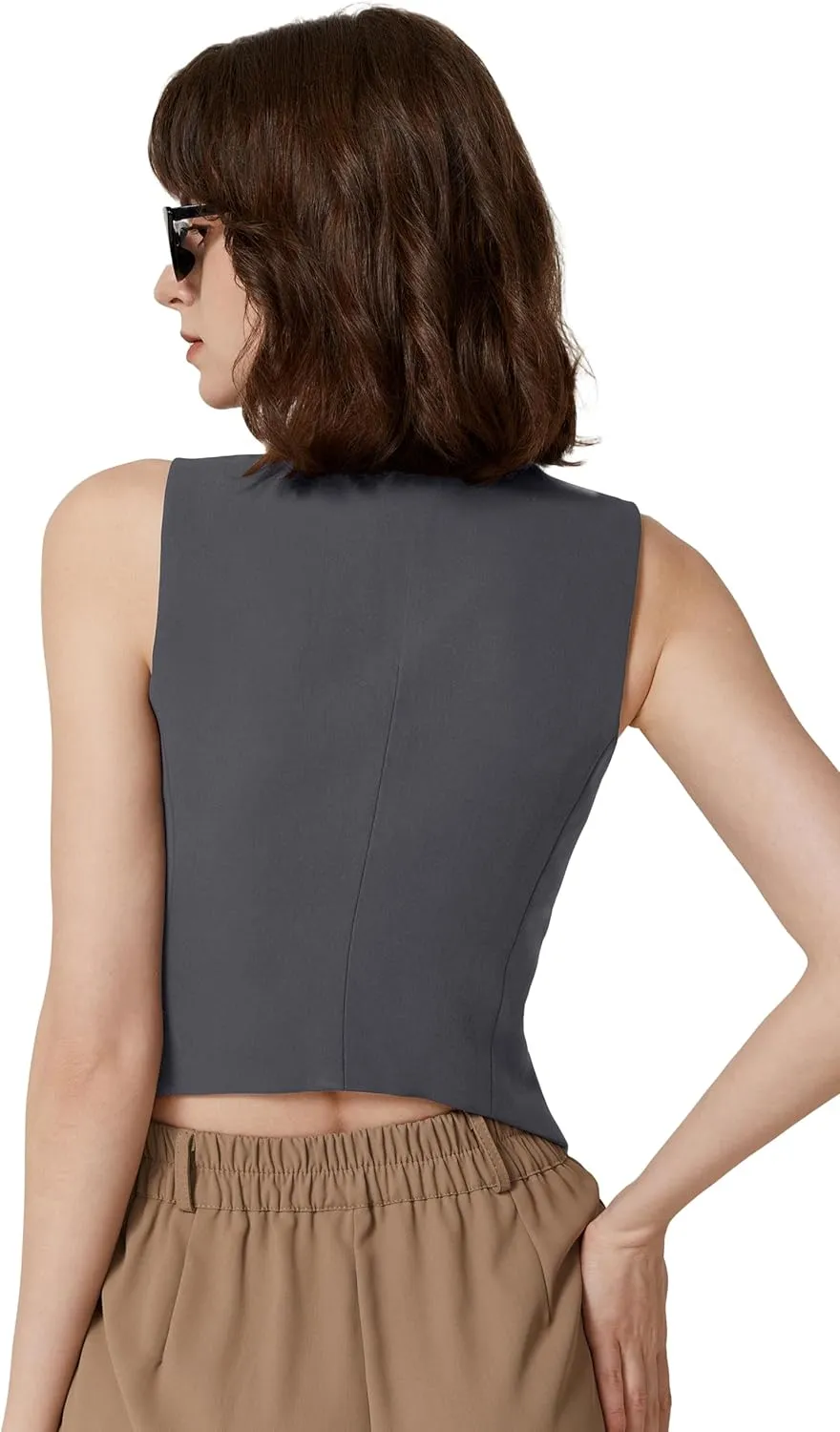 QINSEN Womens V Neck Vest Top Sleeveless Button Down Fully Lined Solid Going Out Crop Tops