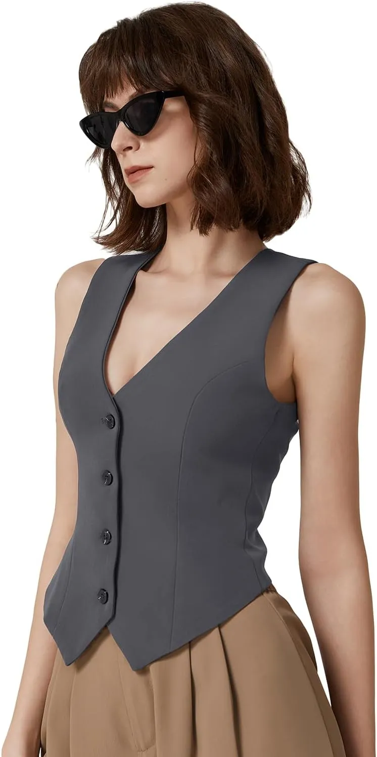 QINSEN Womens V Neck Vest Top Sleeveless Button Down Fully Lined Solid Going Out Crop Tops
