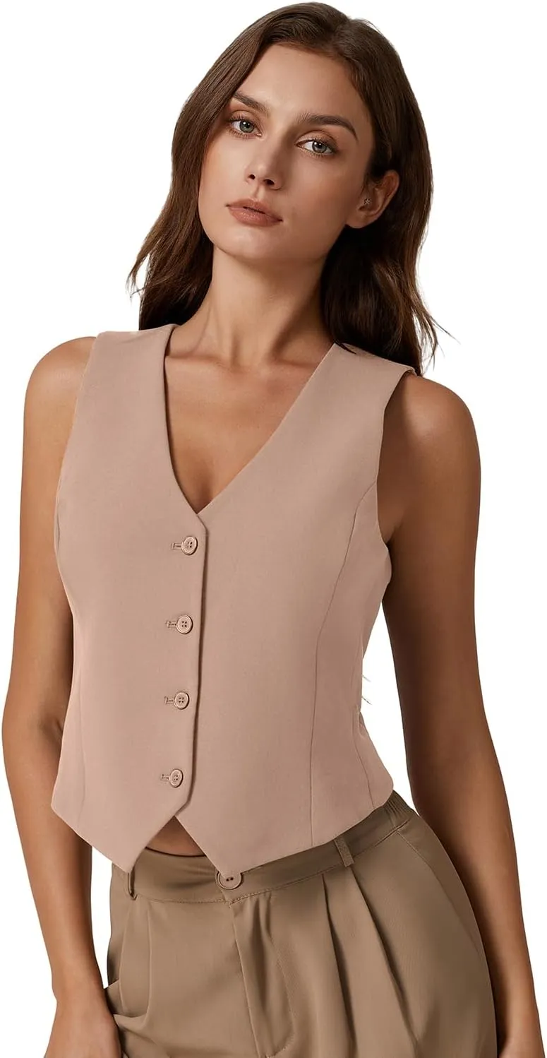 QINSEN Womens V Neck Vest Top Sleeveless Button Down Fully Lined Solid Going Out Crop Tops