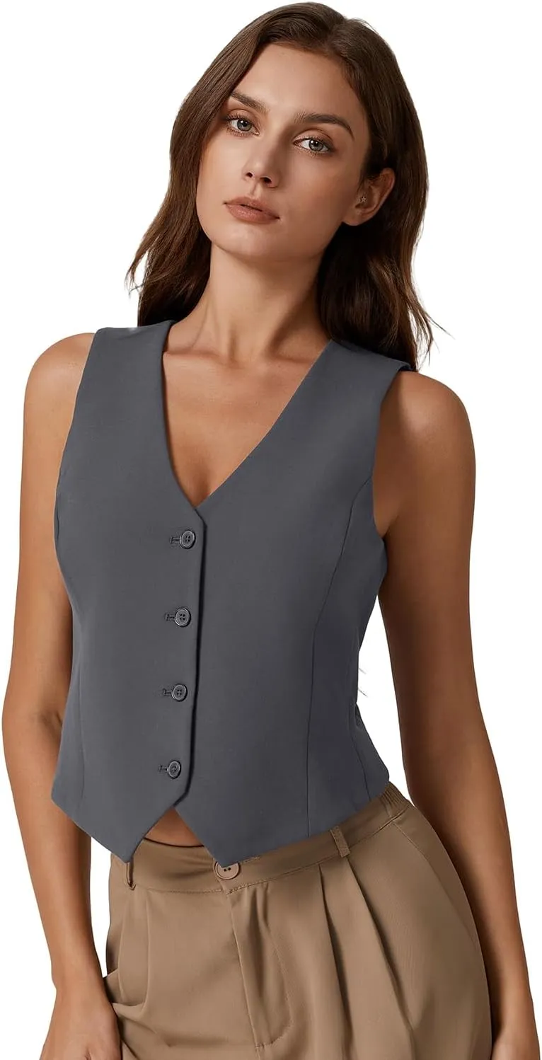 QINSEN Womens V Neck Vest Top Sleeveless Button Down Fully Lined Solid Going Out Crop Tops