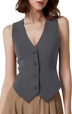 QINSEN Womens V Neck Vest Top Sleeveless Button Down Fully Lined Solid Going Out Crop Tops