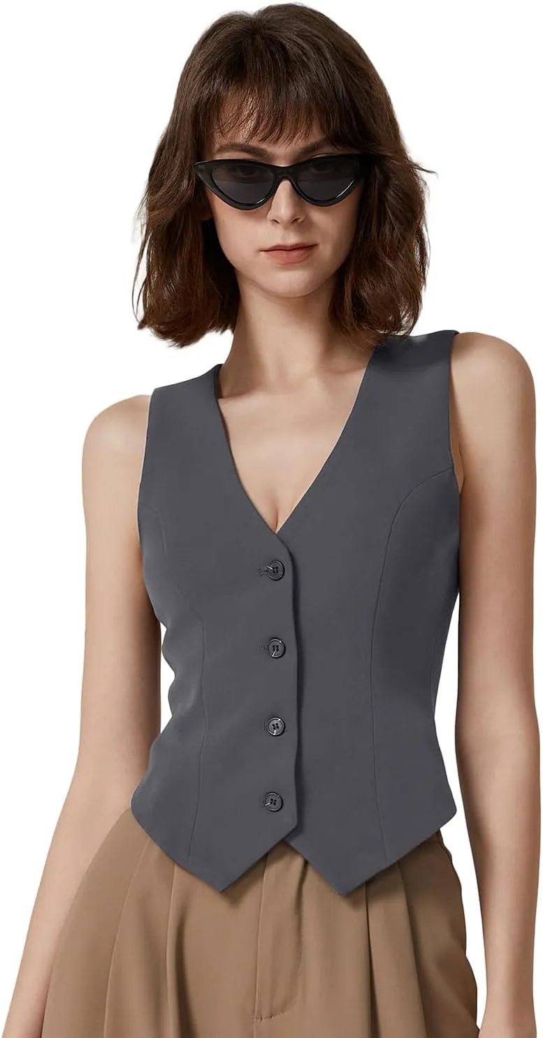 QINSEN Womens V Neck Vest Top Sleeveless Button Down Fully Lined Solid Going Out Crop Tops