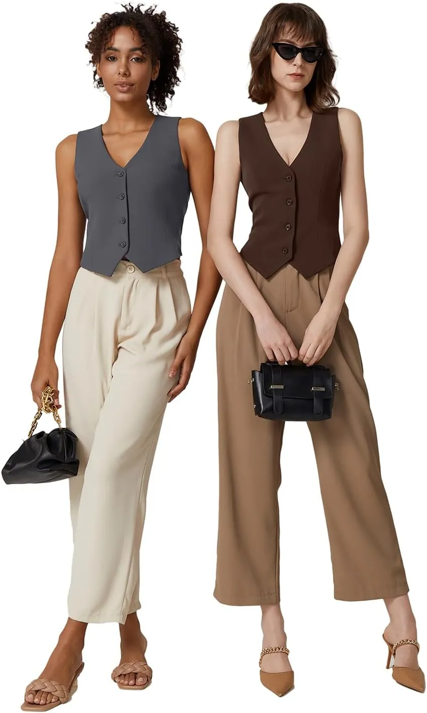 QINSEN Womens V Neck Vest Top Sleeveless Button Down Fully Lined Solid Going Out Crop Tops