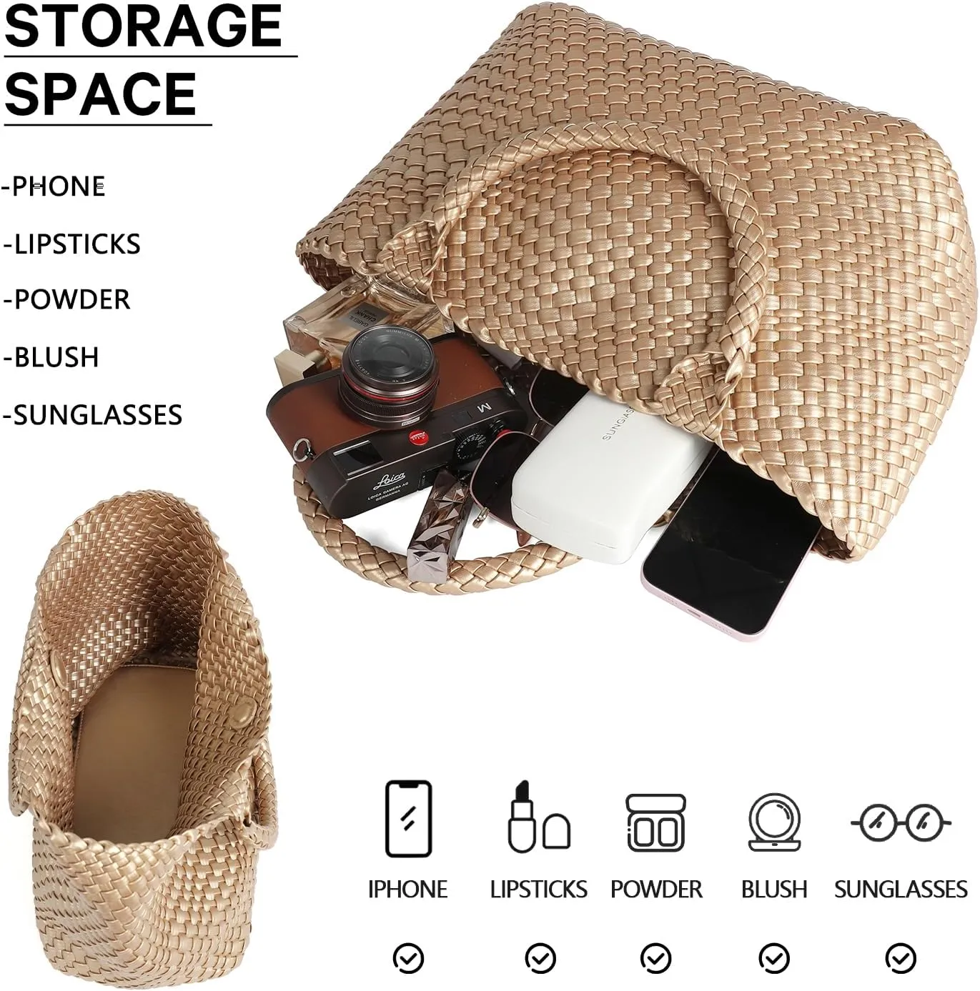 Queenoris Woven Bag for Women, Fashion Top Handle Shoulder Bag Vegan Leather Shopper Bag Large Travel Tote Bag