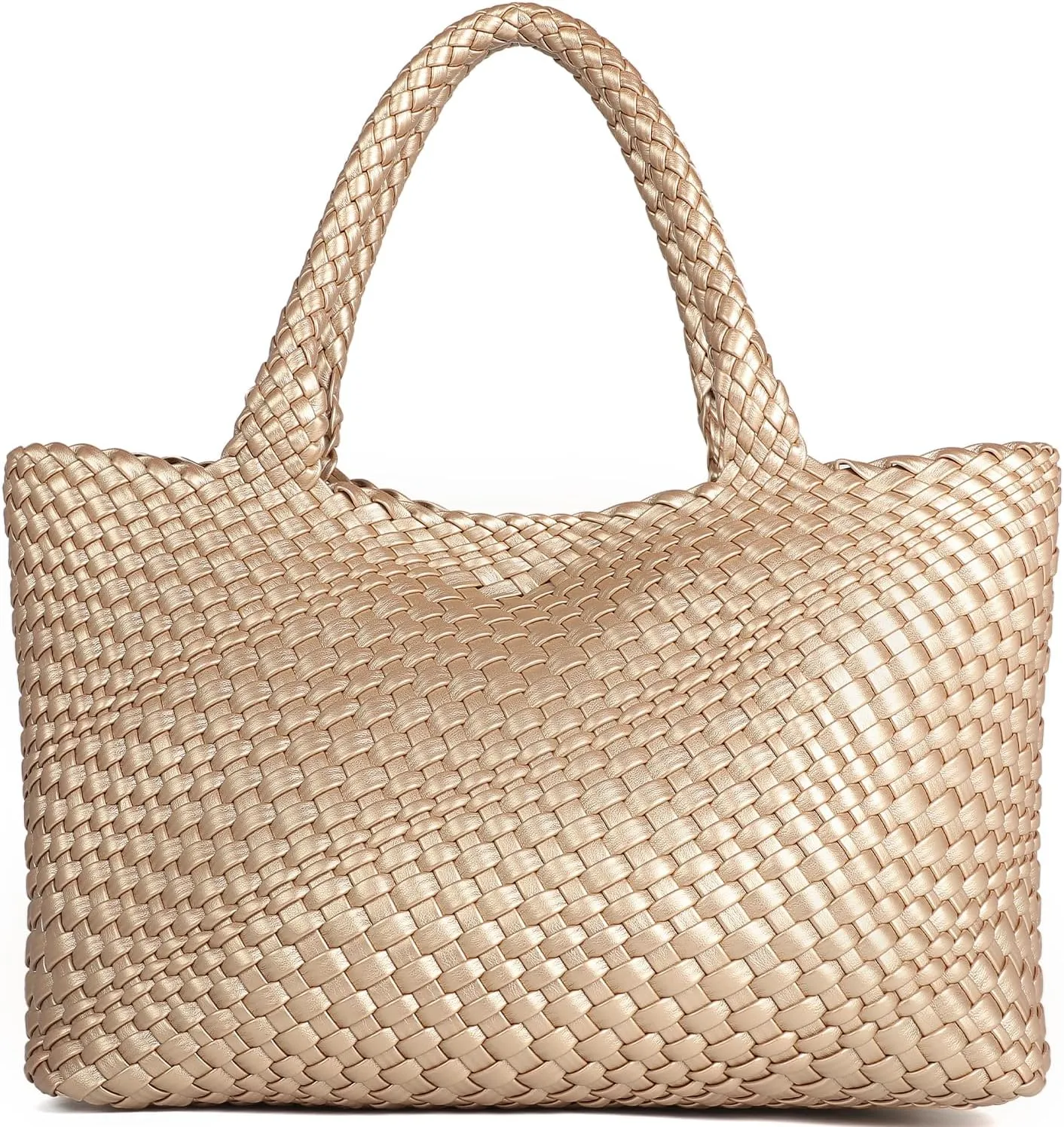 Queenoris Woven Bag for Women, Fashion Top Handle Shoulder Bag Vegan Leather Shopper Bag Large Travel Tote Bag