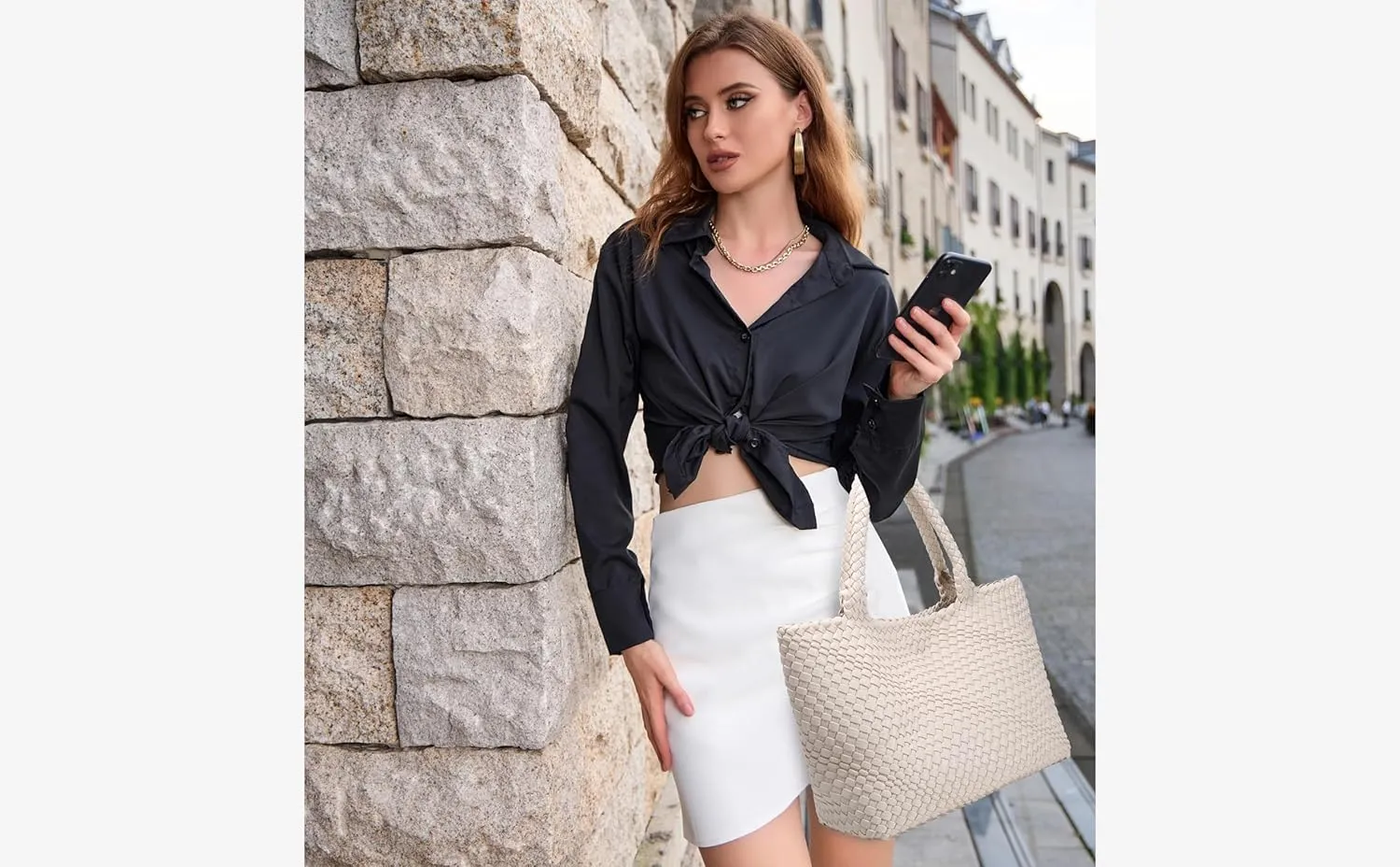Queenoris Woven Bag for Women, Fashion Top Handle Shoulder Bag Vegan Leather Shopper Bag Large Travel Tote Bag