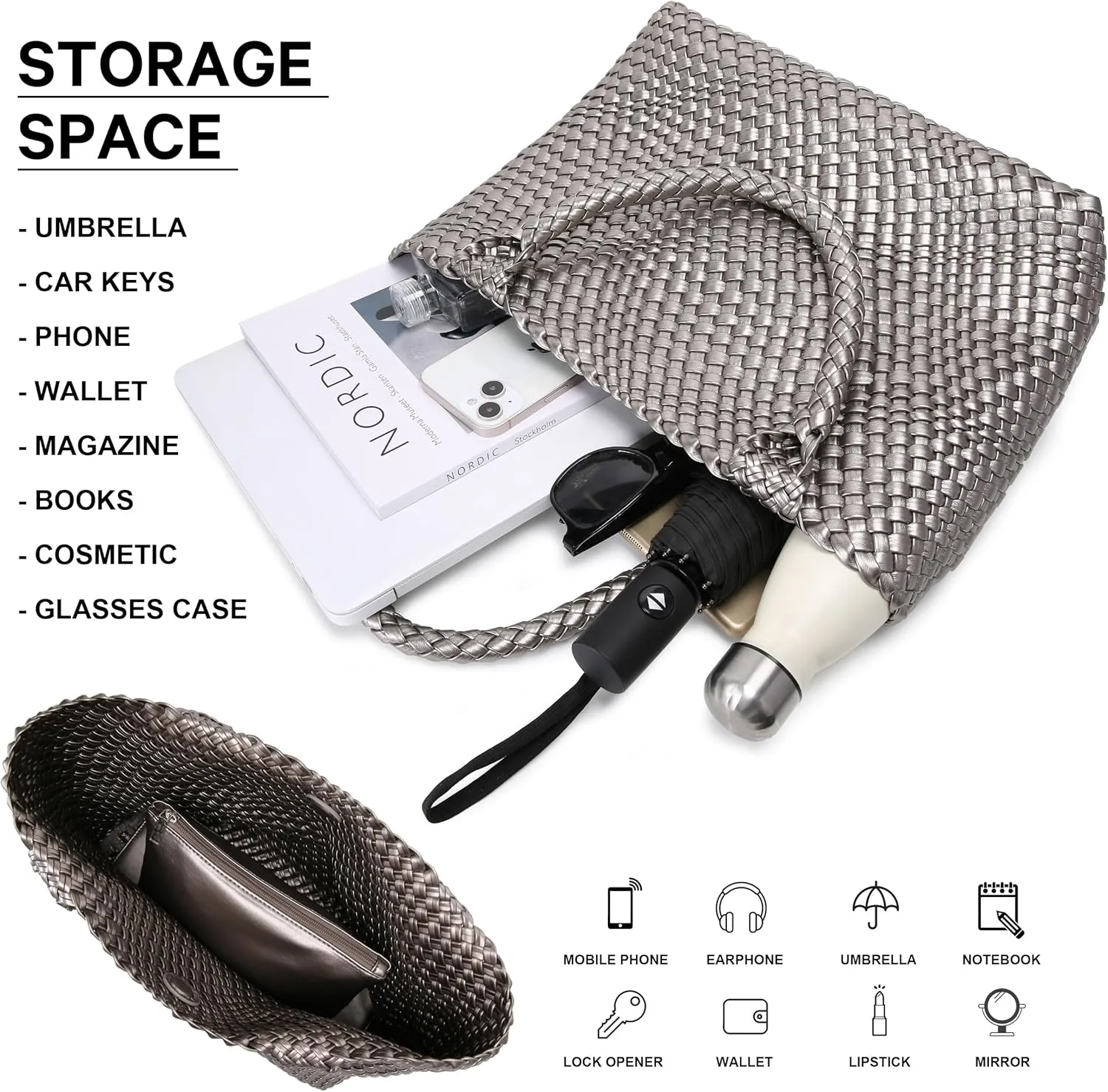 Queenoris Woven Bag for Women, Fashion Top Handle Shoulder Bag Vegan Leather Shopper Bag Large Travel Tote Bag