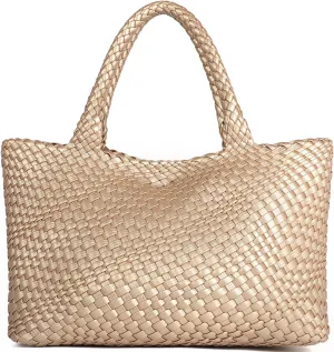 Queenoris Woven Bag for Women, Fashion Top Handle Shoulder Bag Vegan Leather Shopper Bag Large Travel Tote Bag