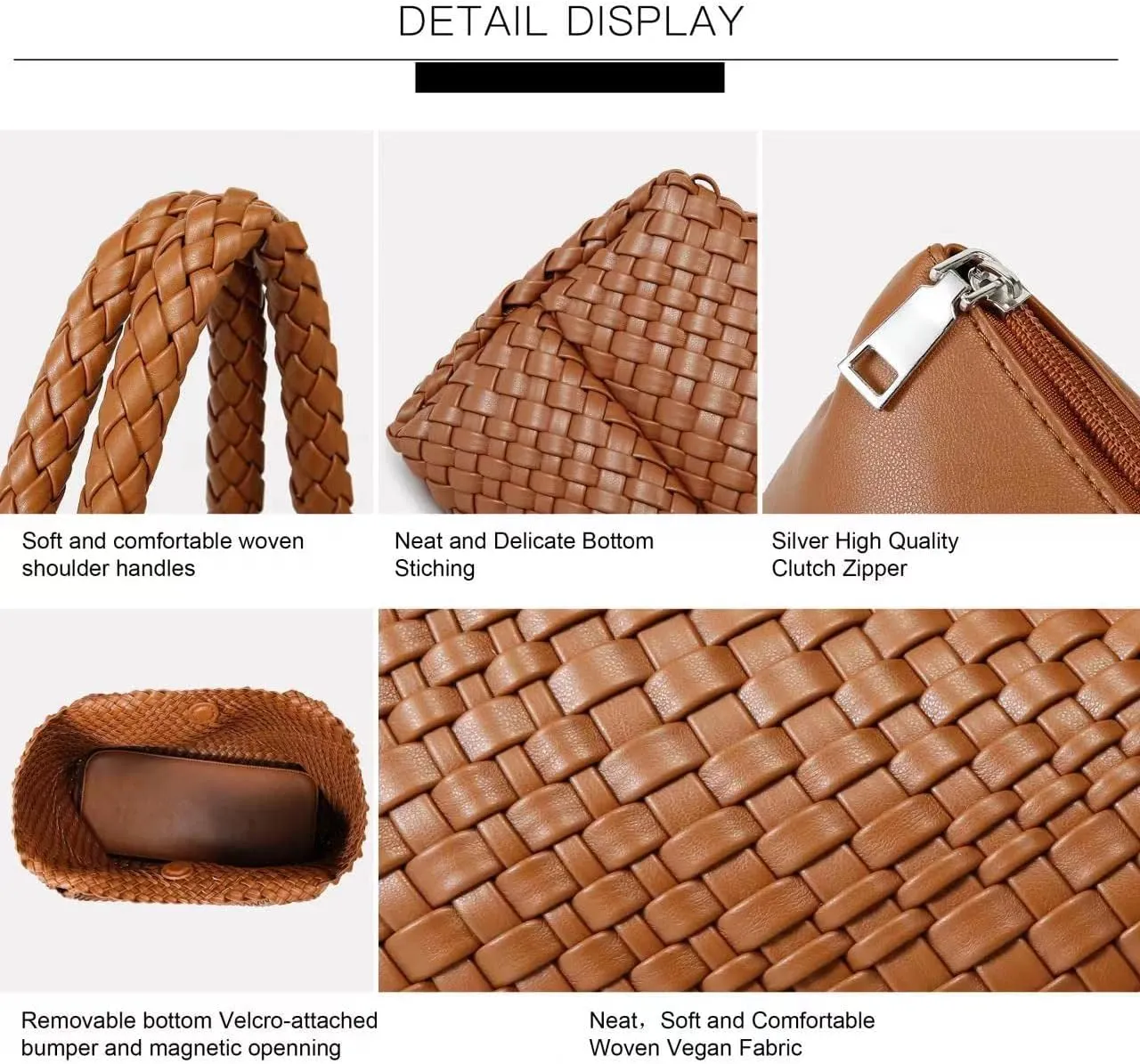 Queenoris Woven Bag for Women, Fashion Top Handle Shoulder Bag Vegan Leather Shopper Bag Large Travel Tote Bag