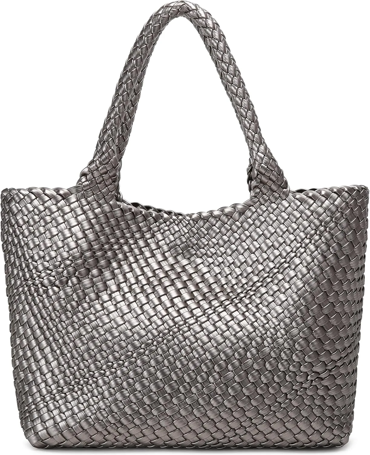 Queenoris Woven Bag for Women, Fashion Top Handle Shoulder Bag Vegan Leather Shopper Bag Large Travel Tote Bag