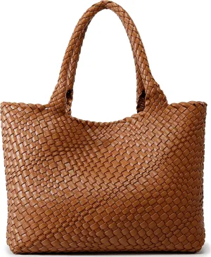 Queenoris Woven Bag for Women, Fashion Top Handle Shoulder Bag Vegan Leather Shopper Bag Large Travel Tote Bag
