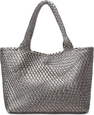 Queenoris Woven Bag for Women, Fashion Top Handle Shoulder Bag Vegan Leather Shopper Bag Large Travel Tote Bag