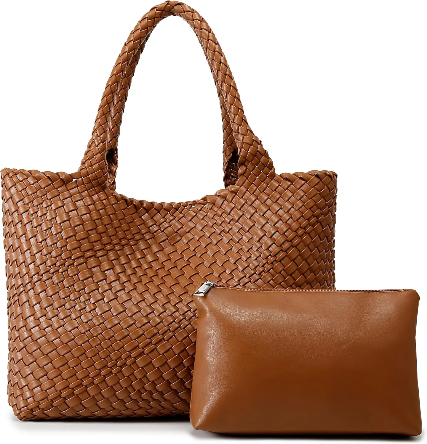 Queenoris Woven Bag for Women, Fashion Top Handle Shoulder Bag Vegan Leather Shopper Bag Large Travel Tote Bag