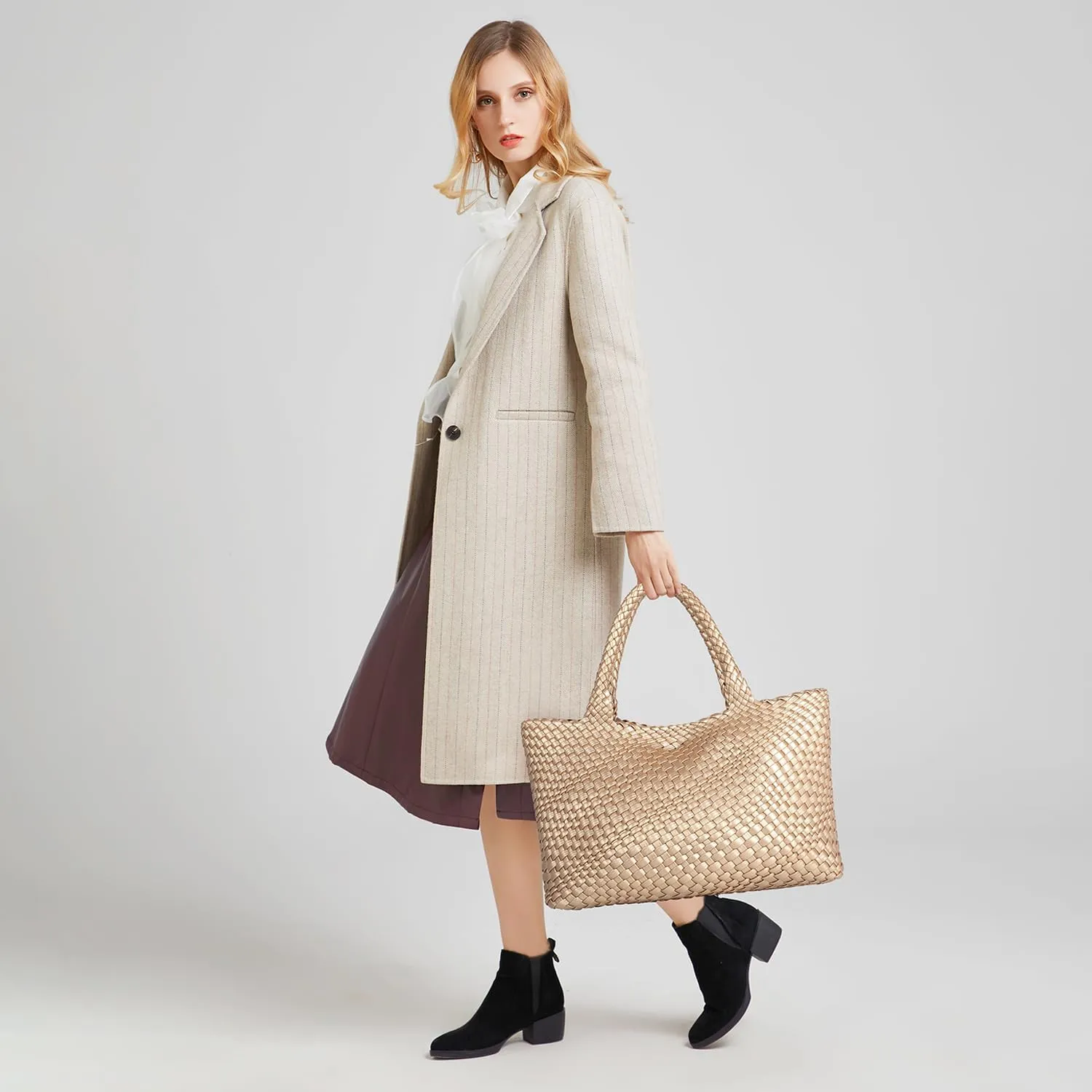 Queenoris Woven Bag for Women, Fashion Top Handle Shoulder Bag Vegan Leather Shopper Bag Large Travel Tote Bag