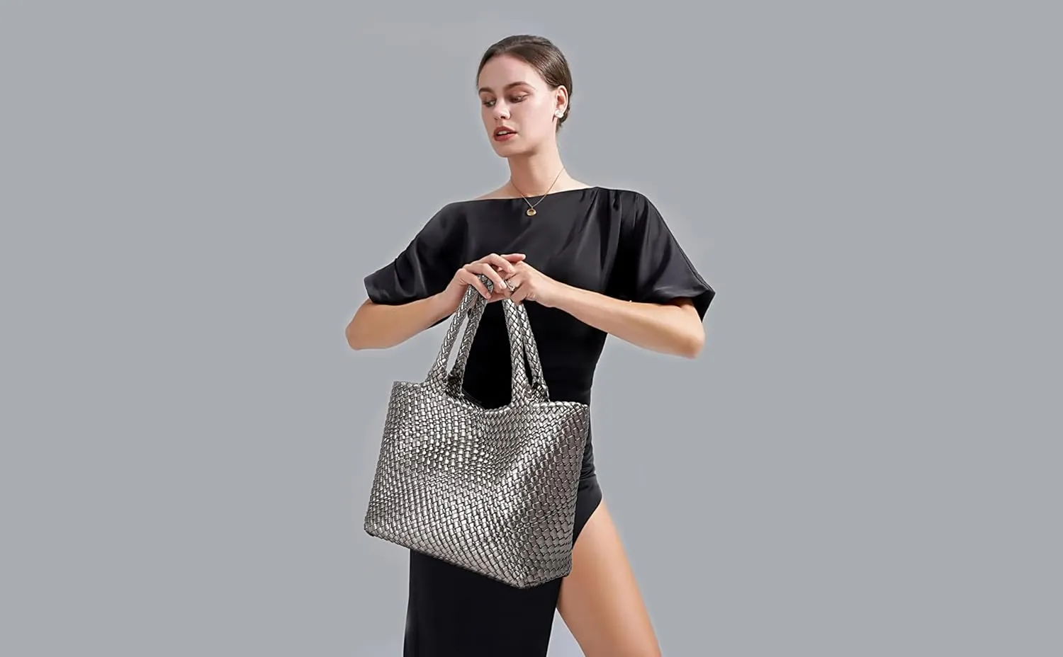 Queenoris Woven Bag for Women, Fashion Top Handle Shoulder Bag Vegan Leather Shopper Bag Large Travel Tote Bag