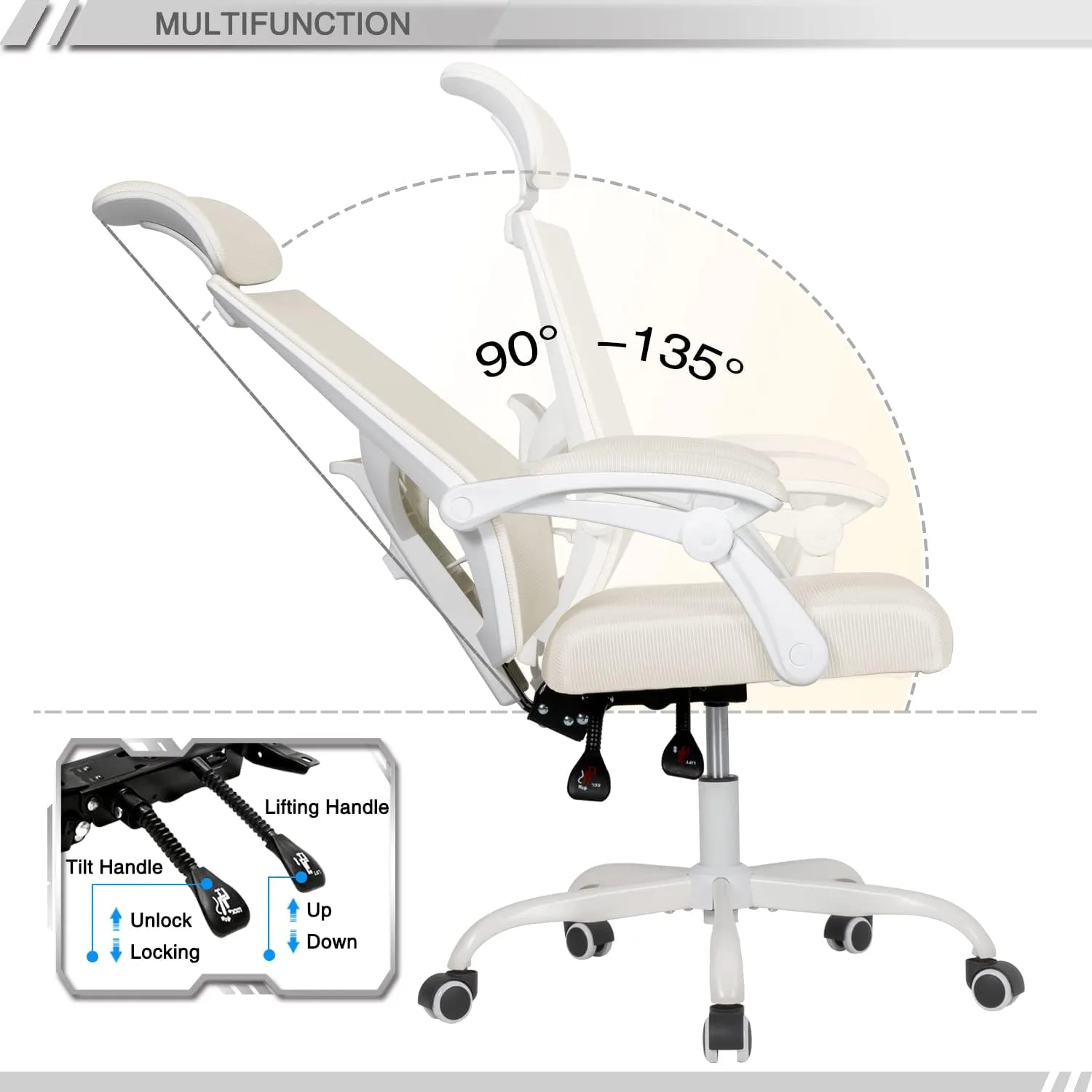 Qulomvs Ergonomic Office Chair,Mesh Office Chair with Headrest and Backrest,Computer Desk Chair 90-135 Adjustable Home Office Desk Chair with Wheels 360 Swivel Task Chair