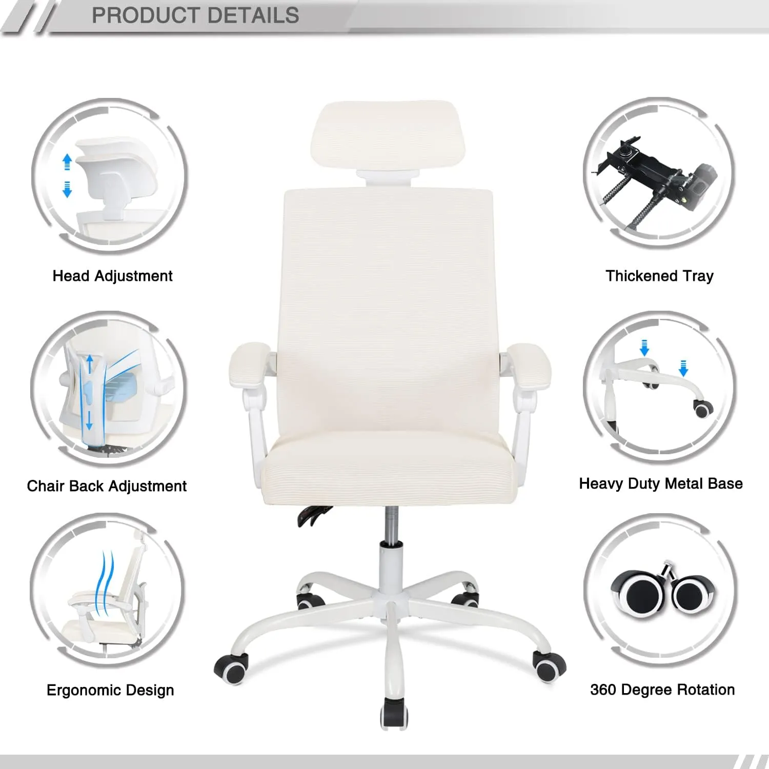 Qulomvs Ergonomic Office Chair,Mesh Office Chair with Headrest and Backrest,Computer Desk Chair 90-135 Adjustable Home Office Desk Chair with Wheels 360 Swivel Task Chair