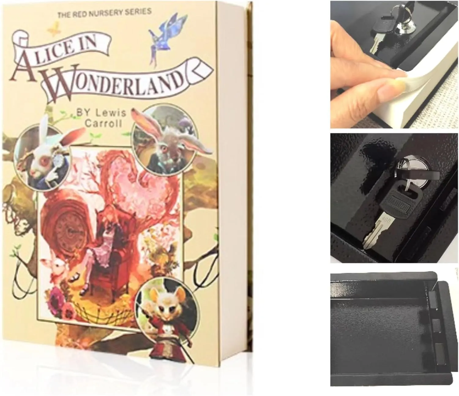 Real Pages Book Safe with Key Lock - Hollow Secret Compartment for Cash, Jewelry, Passports | Anti-Theft Hidden Storage Box Disguised as Home&Office Book |Travel Safe (Alice in Wonderland-Key)