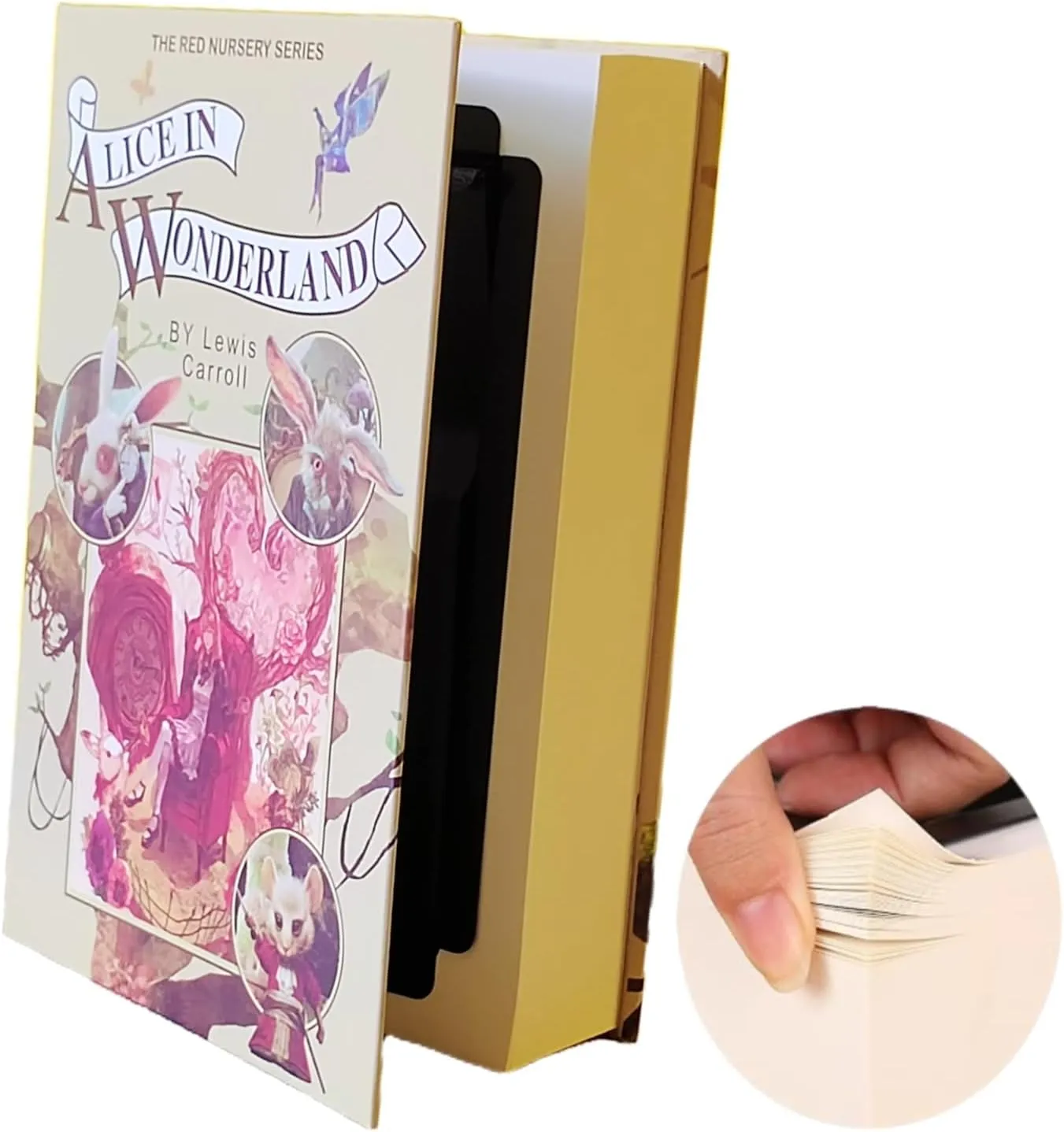 Real Pages Book Safe with Key Lock - Hollow Secret Compartment for Cash, Jewelry, Passports | Anti-Theft Hidden Storage Box Disguised as Home&Office Book |Travel Safe (Alice in Wonderland-Key)