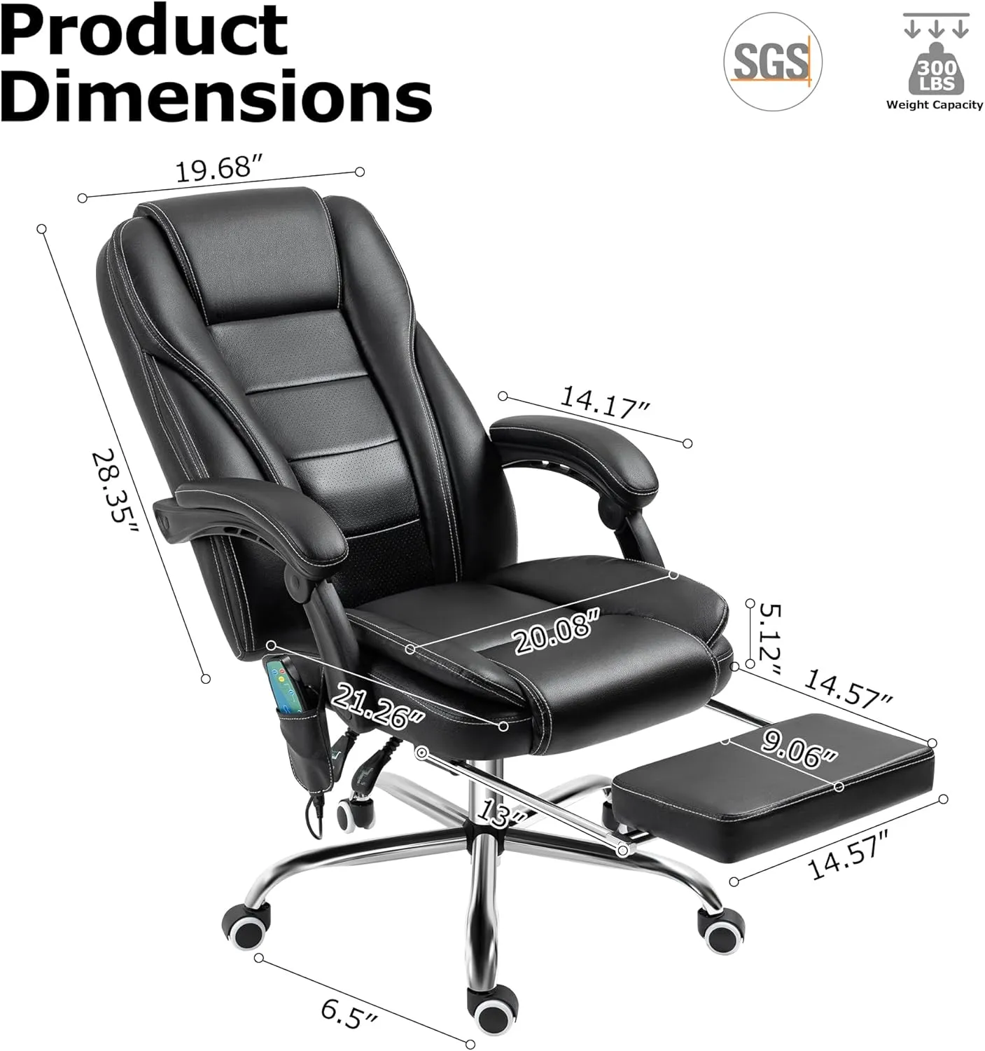 Reclining Massage Office Chair with Footrest, High Back Ergonomic Executive Chair with Heating and Vibration Function(Black)