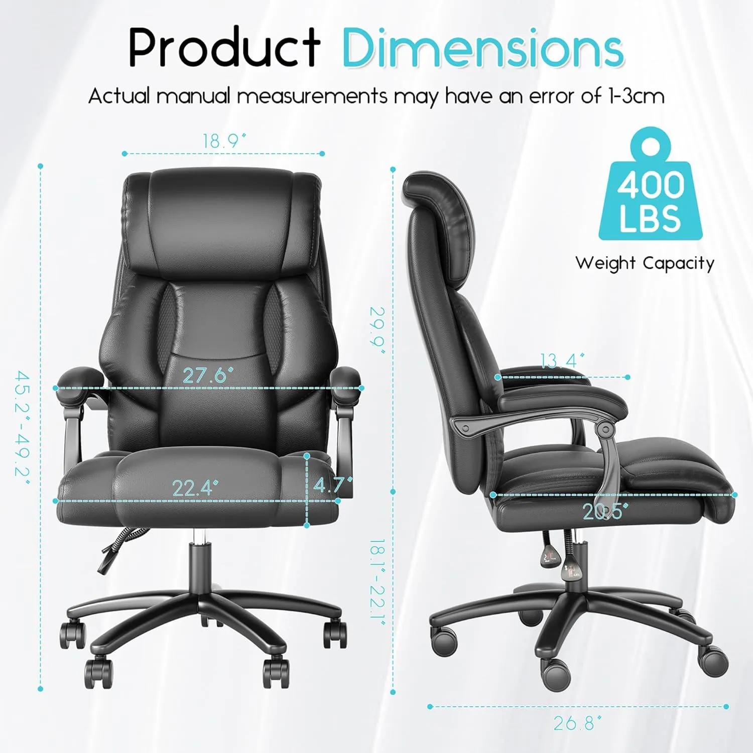 Reclining Office Chair, High Back Big and Tall Desk Chair 400lbs with Wide Seat, Leather Executive Computer Chairs with Lumbar Support, Ergonomic Comfy Task Chair, Black