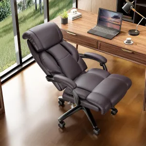 Reclining Office Chair, High Back Big and Tall Desk Chair 400lbs with Wide Seat, Leather Executive Computer Chairs with Lumbar Support, Ergonomic Comfy Task Chair, Brown