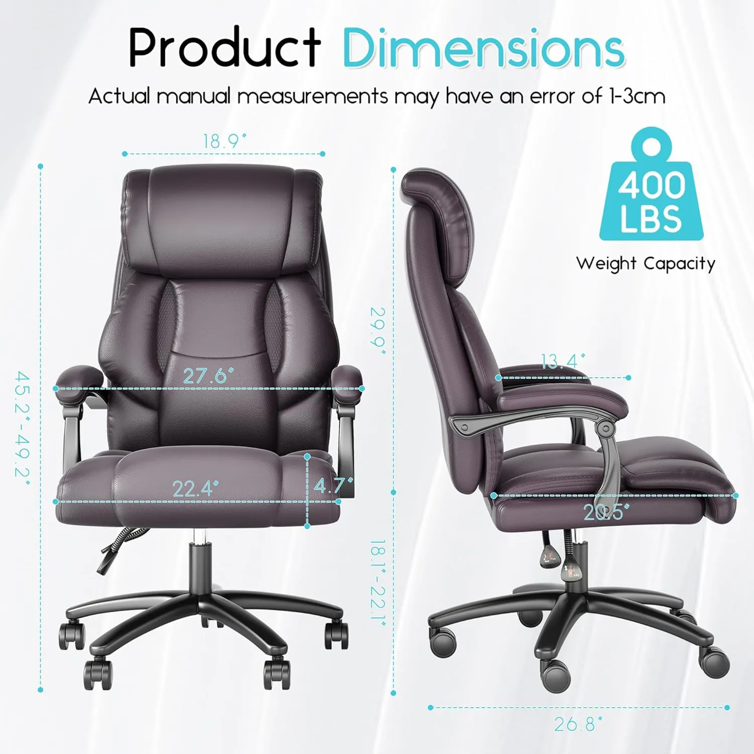 Reclining Office Chair, High Back Big and Tall Desk Chair 400lbs with Wide Seat, Leather Executive Computer Chairs with Lumbar Support, Ergonomic Comfy Task Chair, Brown