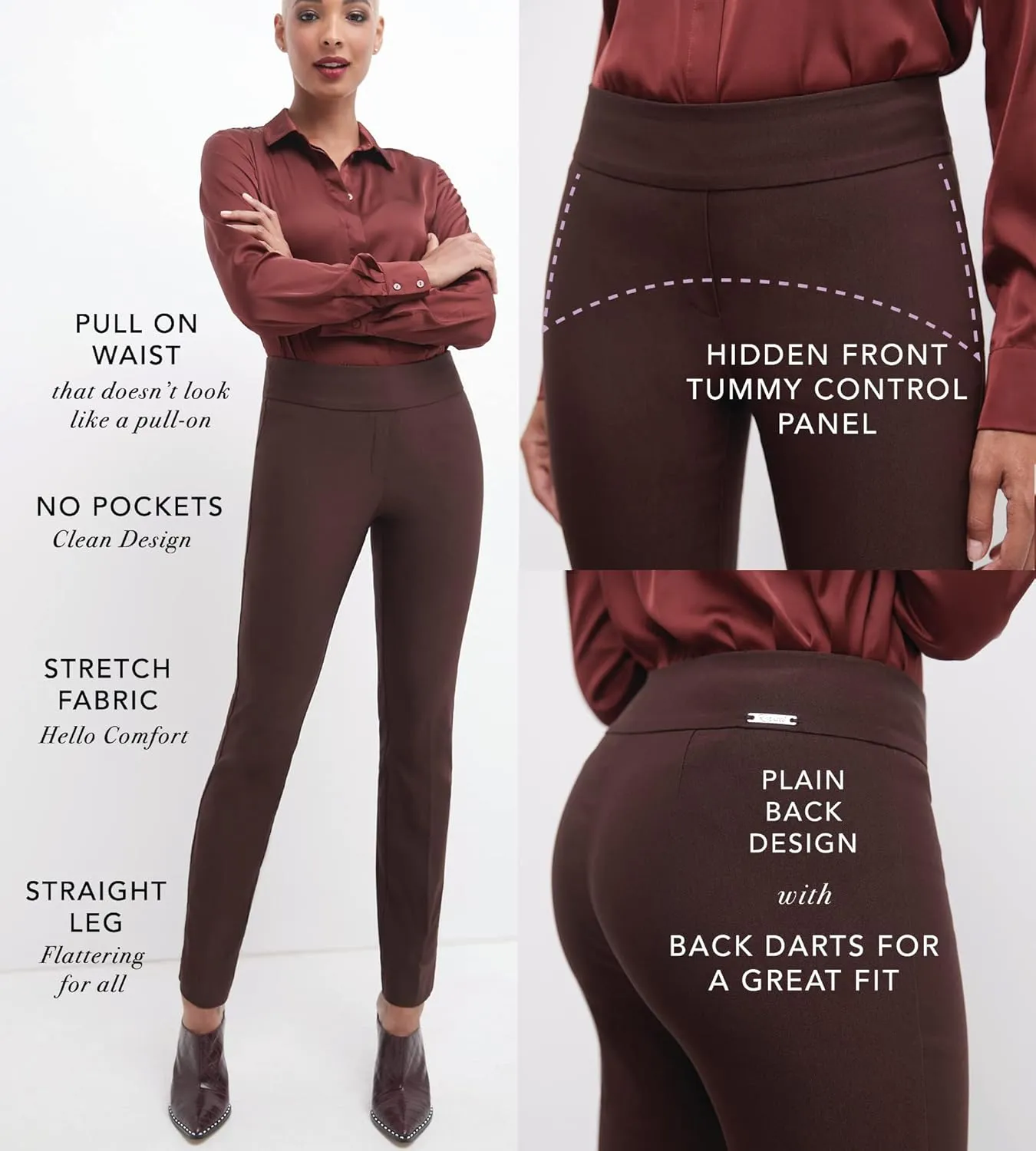 Rekucci Women's Ease Into Comfort Stretchy Straight Leg Office Pant with Tummy Control