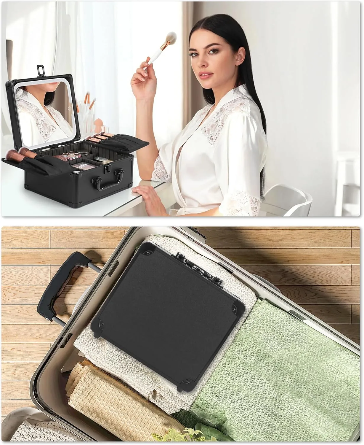 Relavel Makeup Bag with LED Mirror, Makeup Box Travel Train Case with Rechargeable Lighted Mirror & Adjustable Dividers, Cosmetic Brush Organizer Storage for Makeup Artists Gifts for Women and Girls