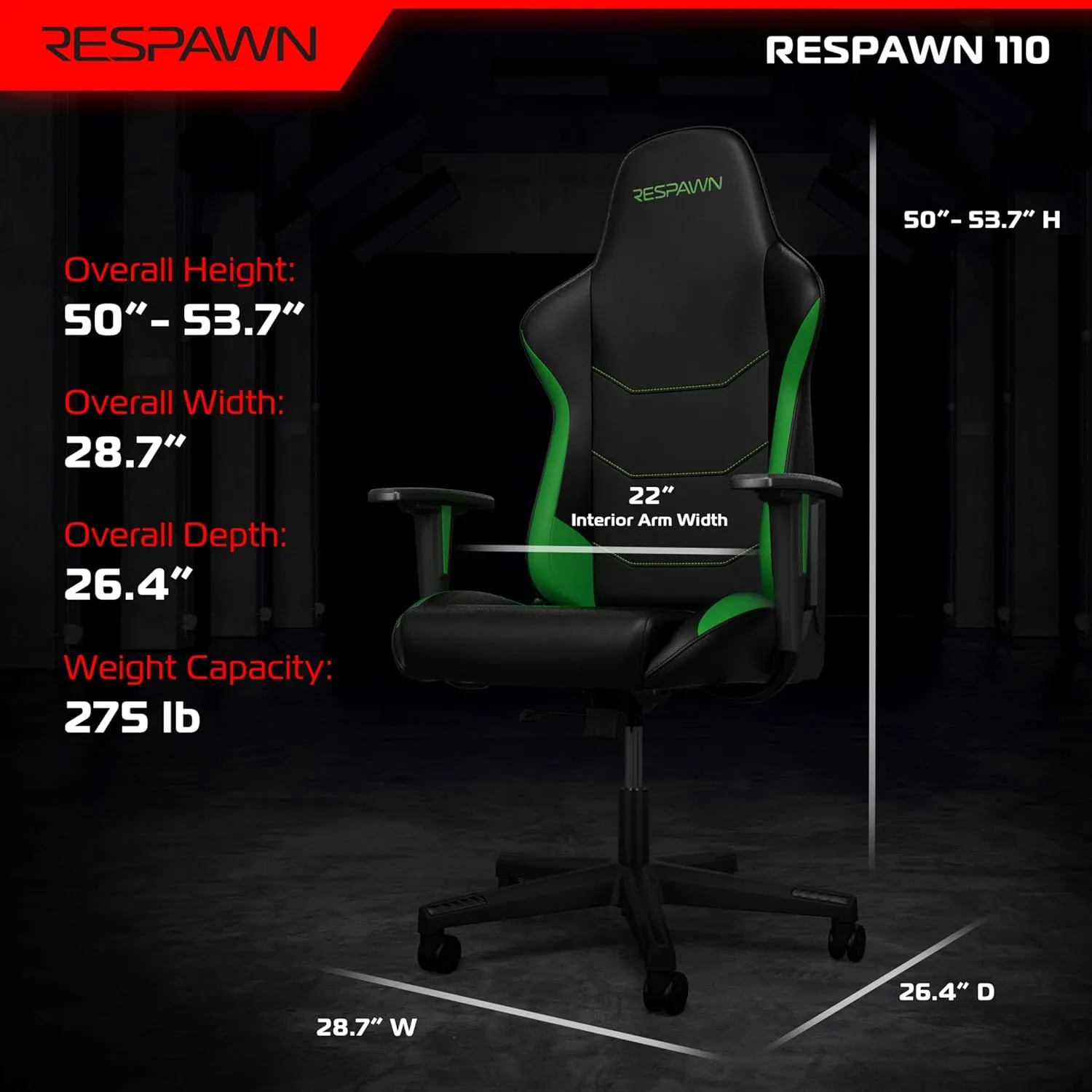 RESPAWN 110 Ergonomic Gaming Chair - Racing Style High Back PC Computer Desk Office Chair - 360 Swivel, Integrated Headrest, 135 Degree Recline with Adjustable Tilt Tension & Angle Lock - 2023 Green