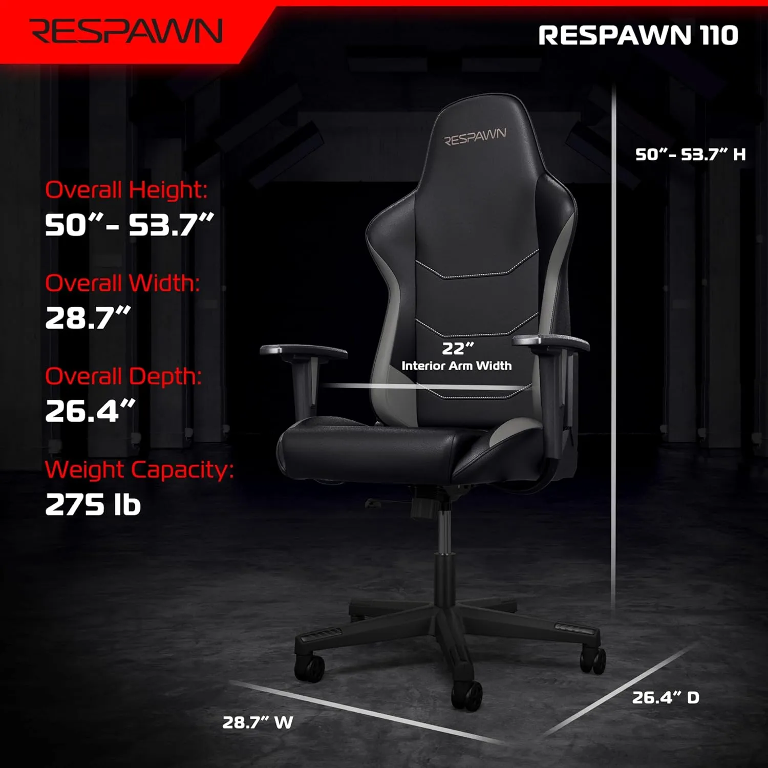 RESPAWN 110 Ergonomic Gaming Chair - Racing Style High Back PC Computer Desk Office Chair - 360 Swivel, Integrated Headrest, 135 Degree Recline with Adjustable Tilt Tension & Angle Lock - 2023 Grey