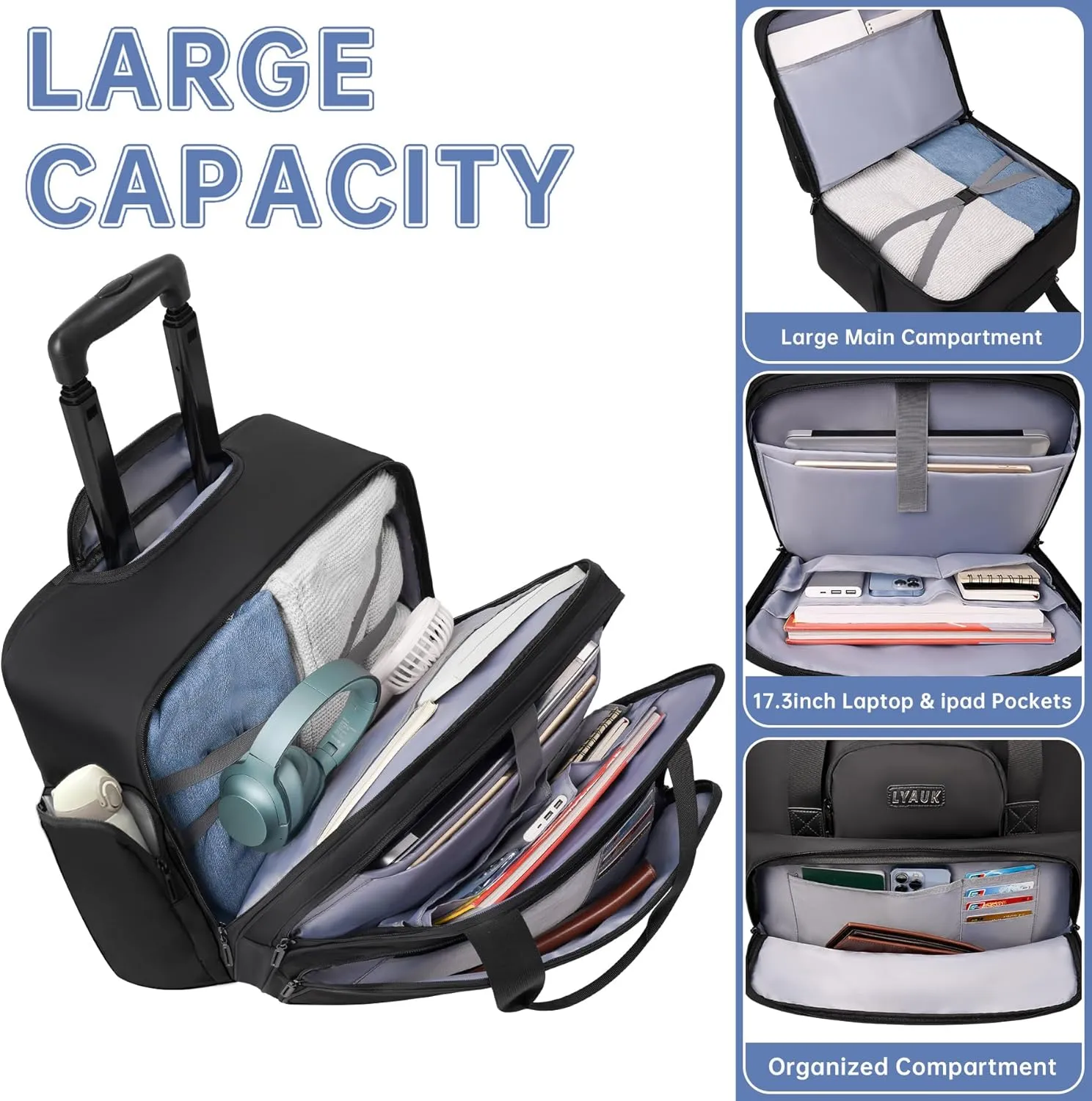 Rolling Laptop Bag Men Women with Wheels, Anti Theft Rolling Briefcase for 17.3 inch Laptop, Water Resistant Overnight Rolling Computer Bag Carry on Laptop Briefcase for Travel/Work/Business