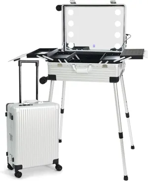 Rolling Make-up CaseRolling Make-up Train CaseLarge Storage Cosmetic Trolley With Sliding Rails, Removable Middle Layer, With Swivel Universal Wheels(Silver)