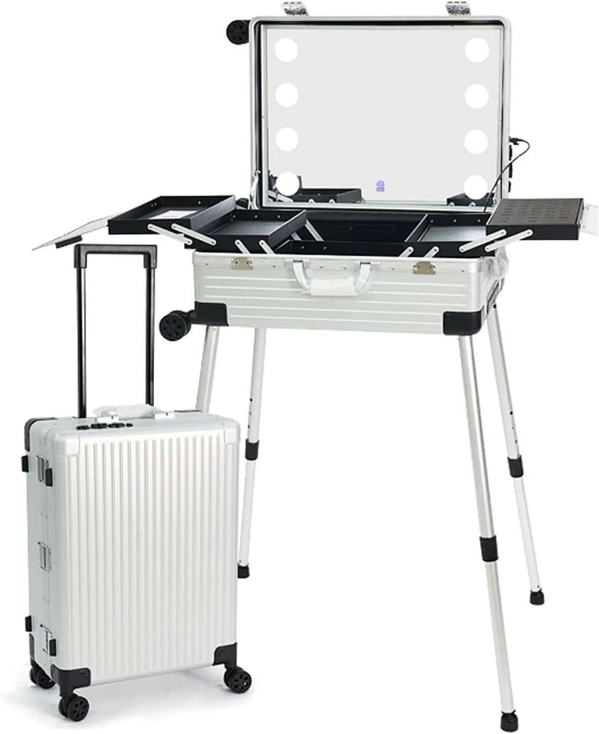Rolling Make-up CaseRolling Make-up Train CaseLarge Storage Cosmetic Trolley With Sliding Rails, Removable Middle Layer, With Swivel Universal Wheels(Silver)