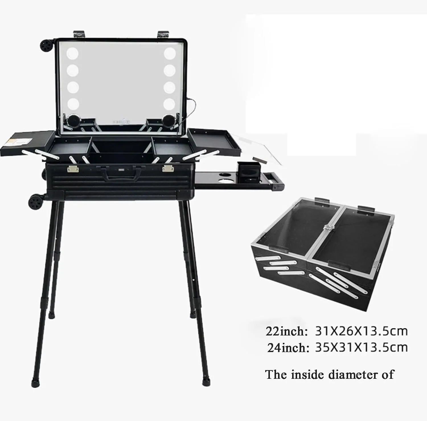 Rolling Make-up CaseRolling Make-up Train CaseLarge Storage Cosmetic Trolley With Sliding Rails, Removable Middle Layer, With Swivel Universal Wheels(Silver)