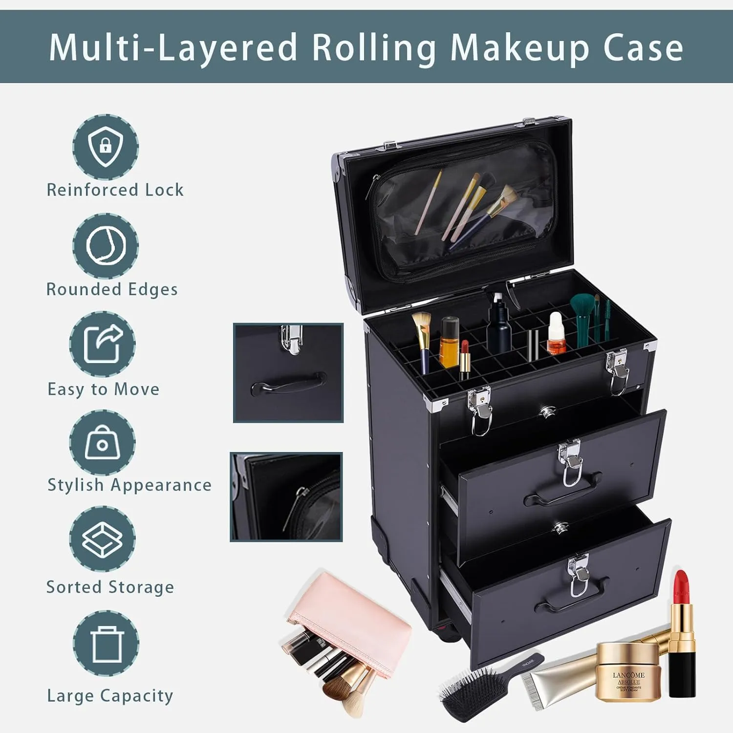 Rolling Makeup Case Cosmetic Case with Universal Wheels and Metal Latches, 3-Tier Black Train Case Trolley Makeup 110.3lbs Professional Makeup Case for Nail Tech Hairstylist Barber