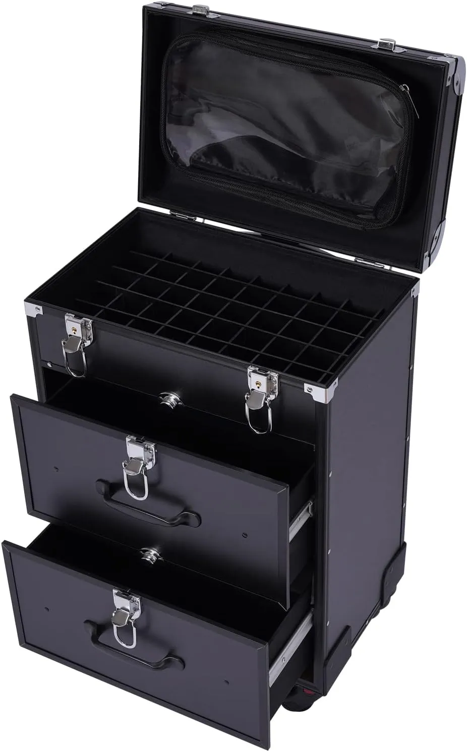 Rolling Makeup Case Cosmetic Case with Universal Wheels and Metal Latches, 3-Tier Black Train Case Trolley Makeup 110.3lbs Professional Makeup Case for Nail Tech Hairstylist Barber
