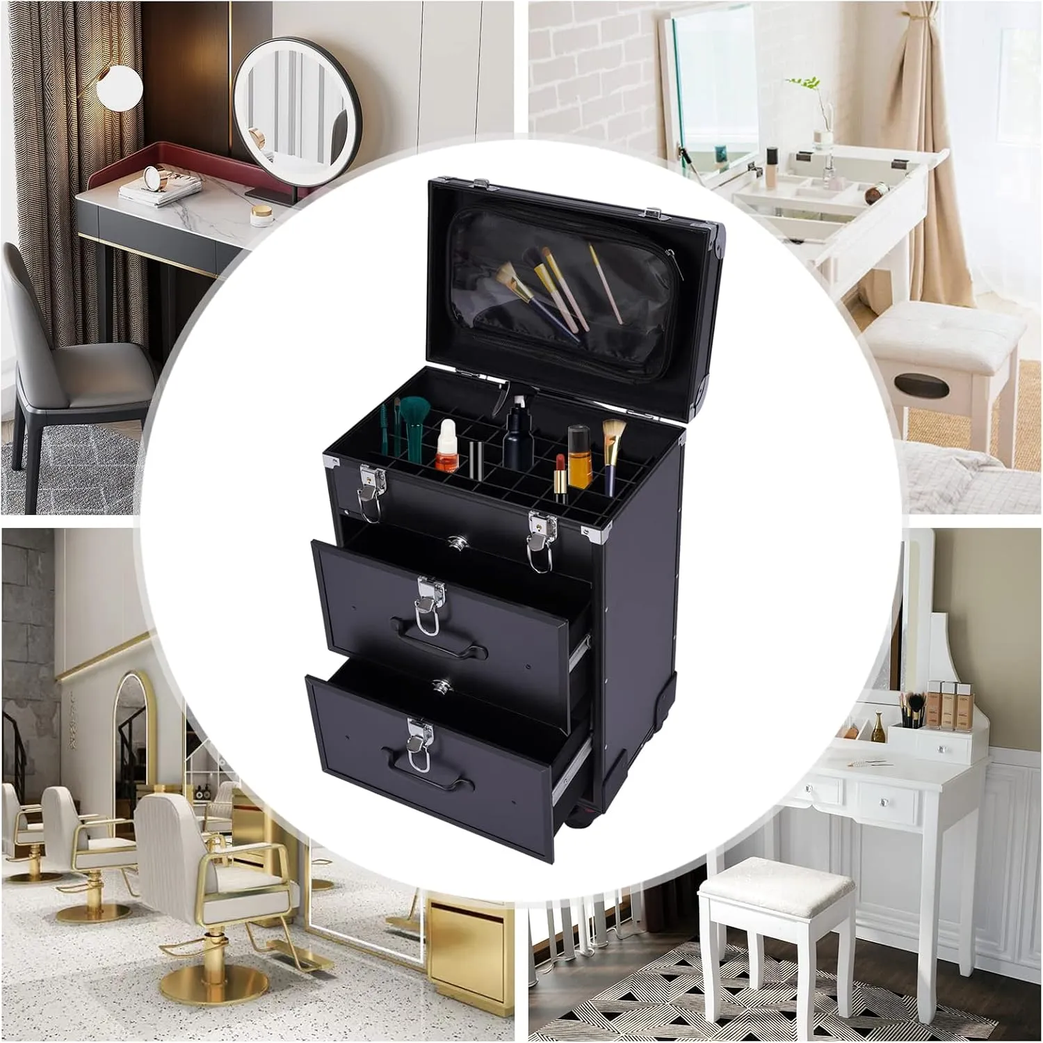 Rolling Makeup Case Cosmetic Case with Universal Wheels and Metal Latches, 3-Tier Black Train Case Trolley Makeup 110.3lbs Professional Makeup Case for Nail Tech Hairstylist Barber