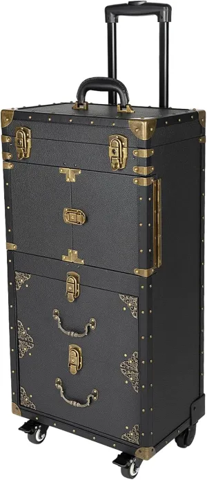 Rolling Makeup Case, Large Storage Cosmetic Trolley Makeup Case on Wheels, Rolling Makeup Train Case for Make Up Nail Hairstylists (Black and Gold)