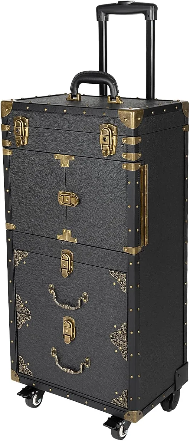 Rolling Makeup Case, Large Storage Cosmetic Trolley Makeup Case on Wheels, Rolling Makeup Train Case for Make Up Nail Hairstylists (Black and Gold)