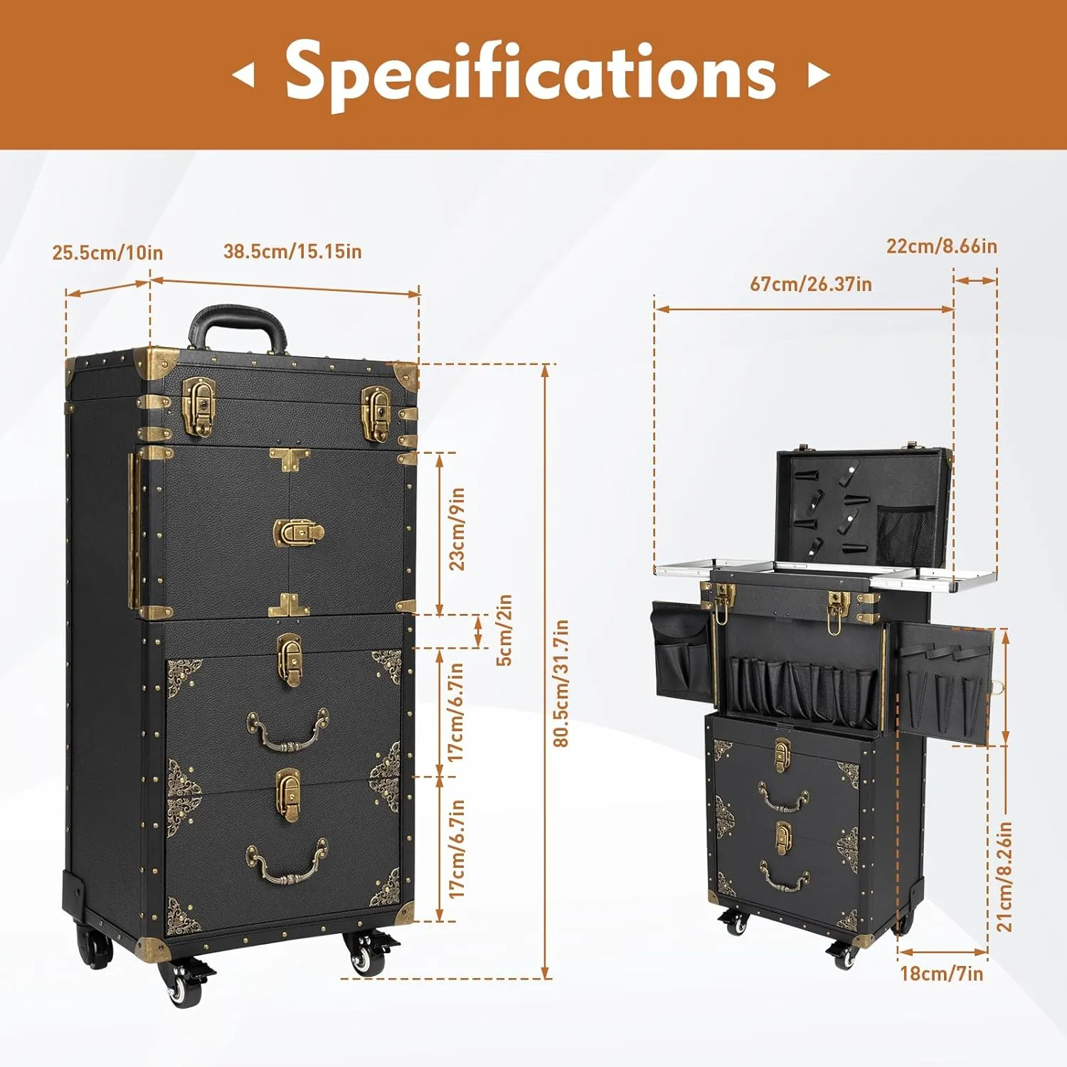 Rolling Makeup Case, Large Storage Cosmetic Trolley Makeup Case on Wheels, Rolling Makeup Train Case for Make Up Nail Hairstylists (Black and Gold)