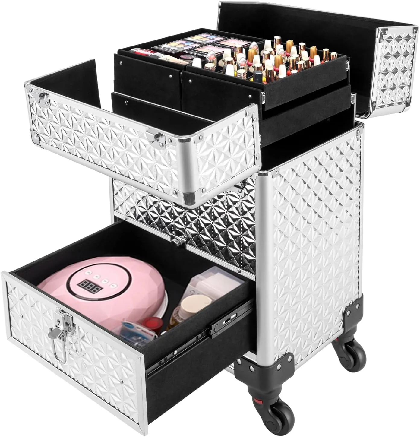 Rolling Makeup Case with Drawers, Professional Makeup Trolley Storage with Retractable 4-Layer Trays, Nail Case with Wheels, for Studio or Travelling Nail Artists Cosmetologist Stylist (Silver)