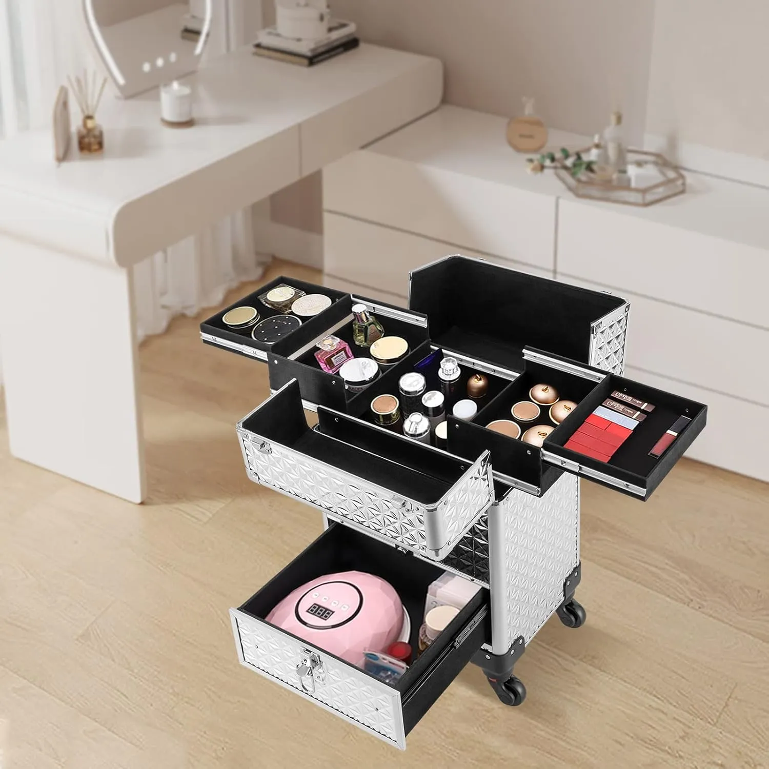 Rolling Makeup Case with Drawers, Professional Makeup Trolley Storage with Retractable 4-Layer Trays, Nail Case with Wheels, for Studio or Travelling Nail Artists Cosmetologist Stylist (Silver)